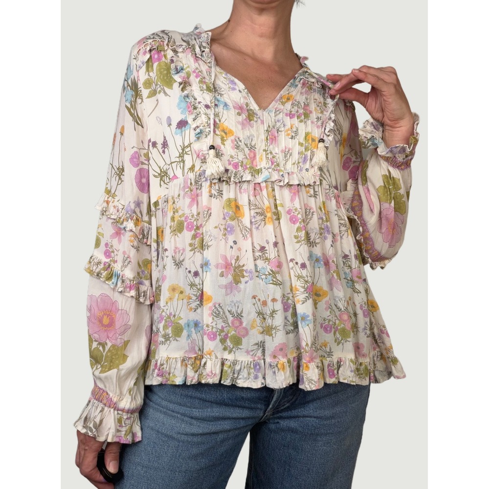 Spell & The Gypsy Wild Bloom Blouse Cream Floral Ruffle Boho Top Wildflower L